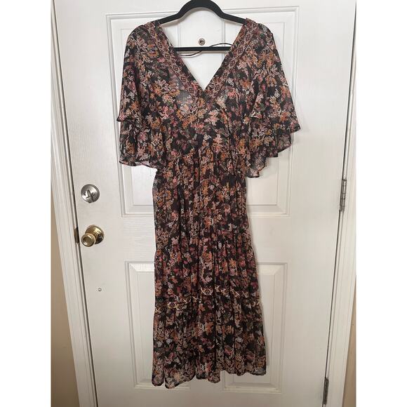 Zara Dress Boho Floral Chiffon Midi Ruffle Flutter Sleeves Size Small - Picture 4 of 9